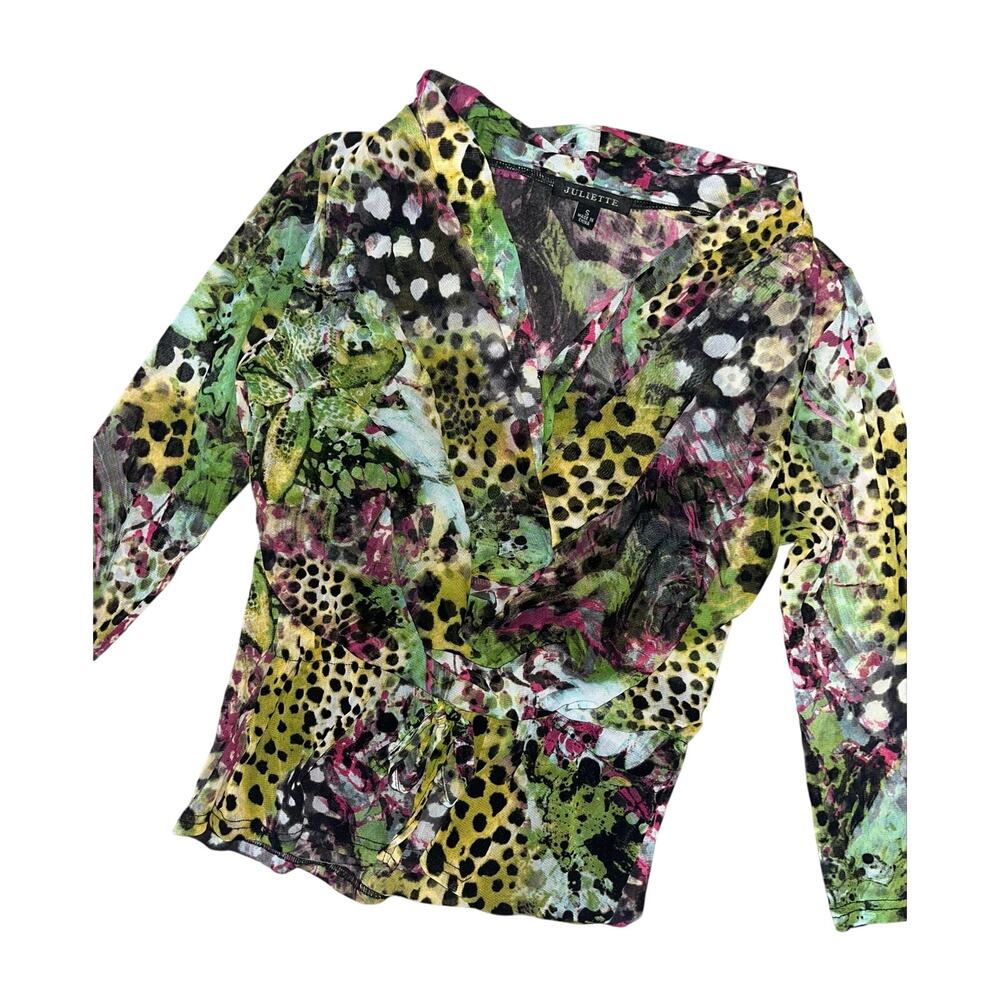 Juliette Abstract Leopard Print Blouse V-Neck Surplice Wrap Top Sheer